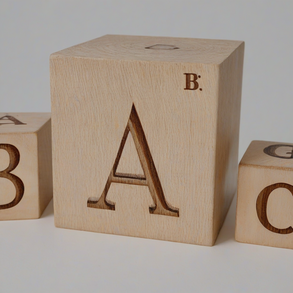 A detailed, colorful, wooden block with the letters A, B, and C clearly printed on three of its sides, in a wide shot, with a plain white background, and a soft, natural light shining down, full-body view, feet visible, with a realistic texture and a slight wood grain effect, on a plain white background, even lighting 