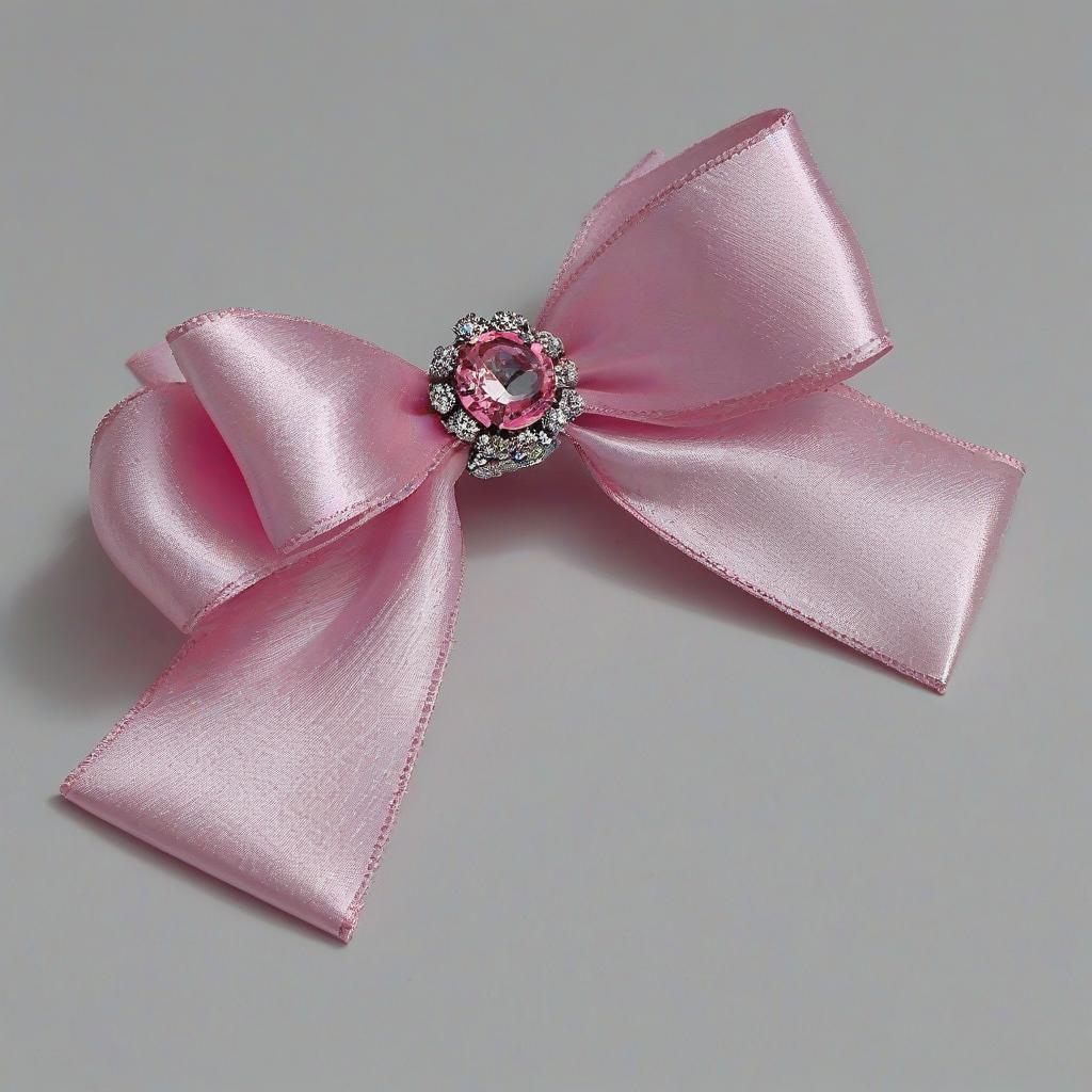 pink satin bow, with a diamond encrusted pink jewel, bright lighting, on a plain white background, even lighting