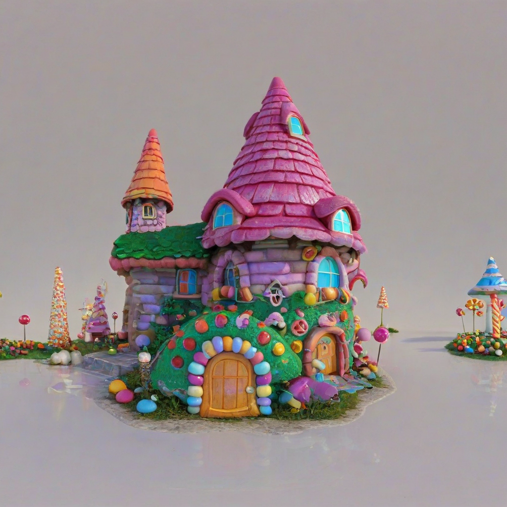 3D cartoon animation of a fairy house made from candy with bright, wide-angle shot, exterior only, on a plain white background, even lighting
