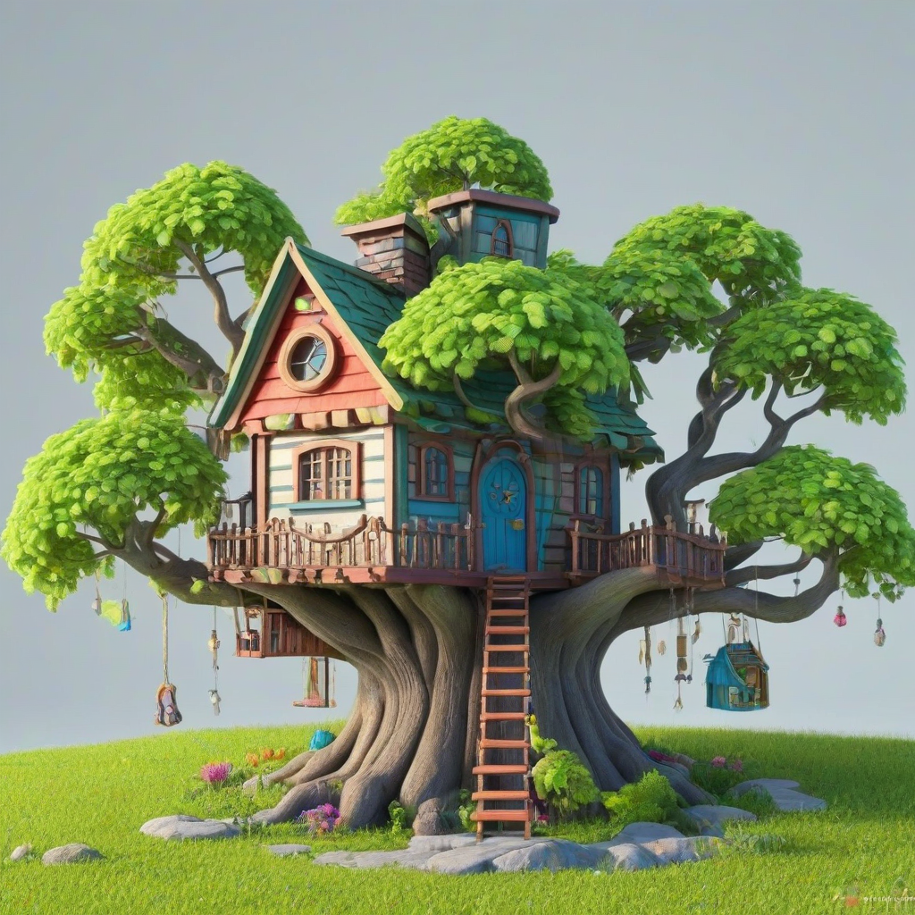 3d animation cartoon style fairy tree house, bright and vivid colors, on a plain white background, even lighting