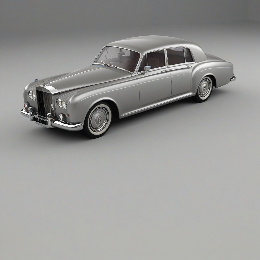 A 1965 Silver and black Rolls Royce Silver Cloud, full-body view, wide shot, with sleek lines and a luxurious interior, parked on a plain white background, with soft natural light and subtle shadows, in a realistic and detailed digital art style, on a plain white background, even lighting 