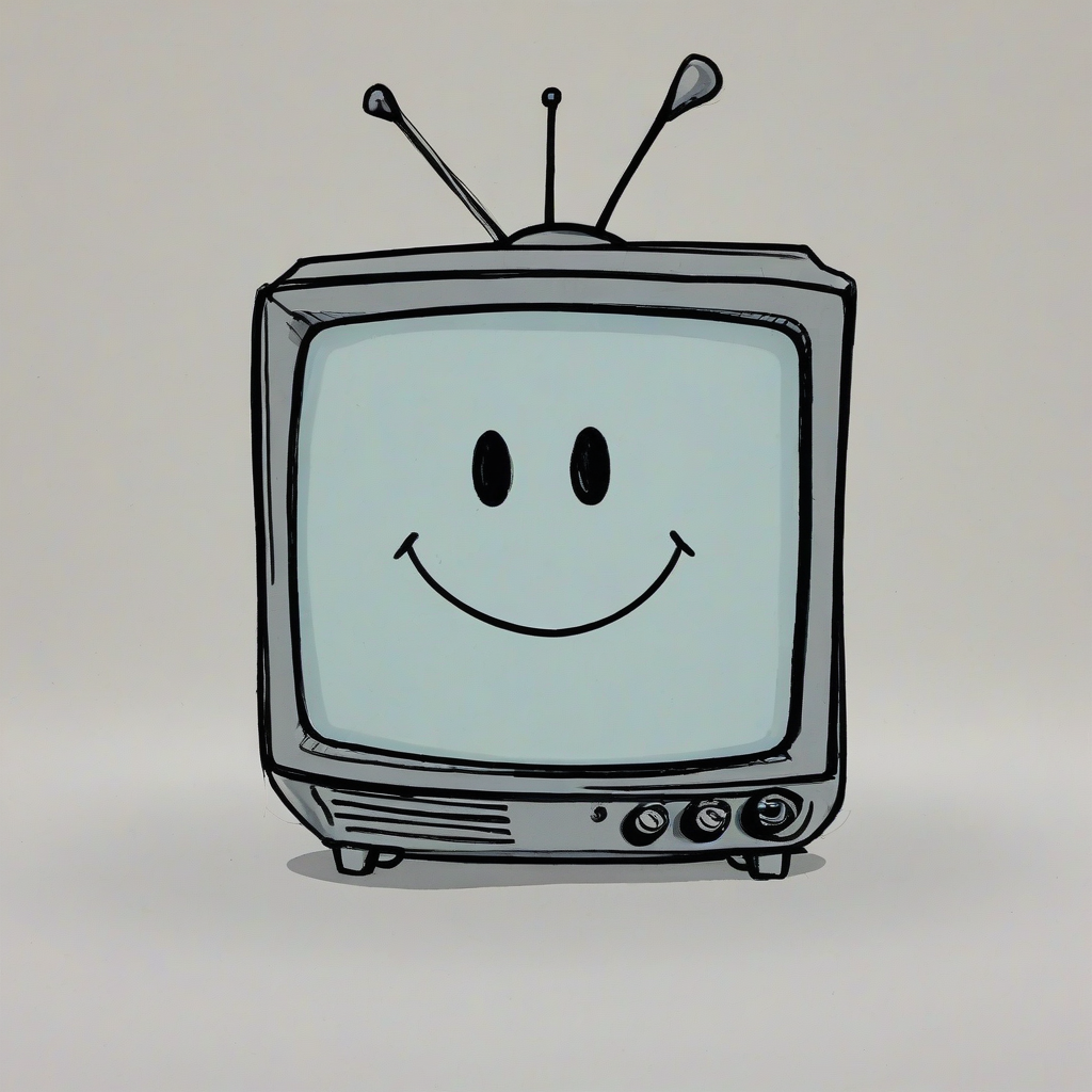 Cartoon, hand-drawn television, with a smiley face on the screen, on a plain white background, even lighting
