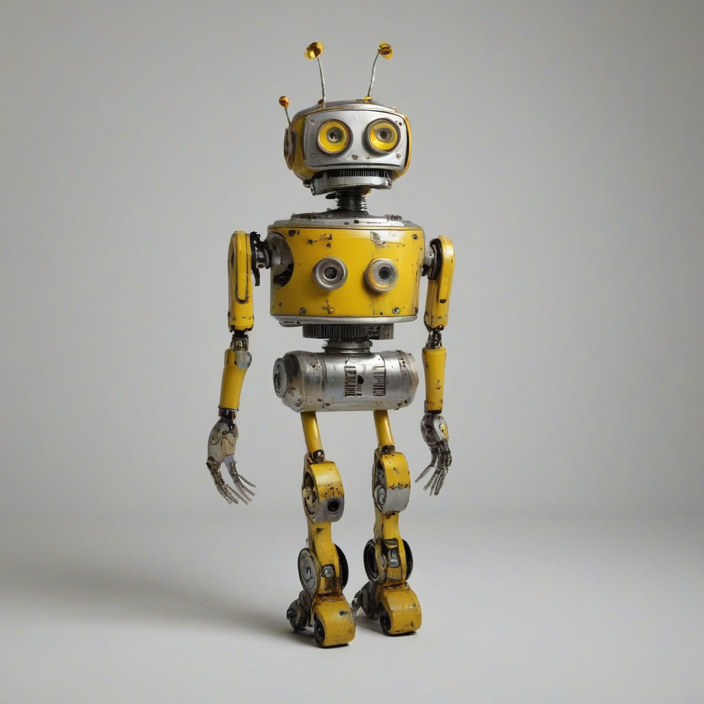 Bright, whimsical, cute robot made from spare car parts, with a bright yellow color scheme, full-body view, on a plain white background, even lighting