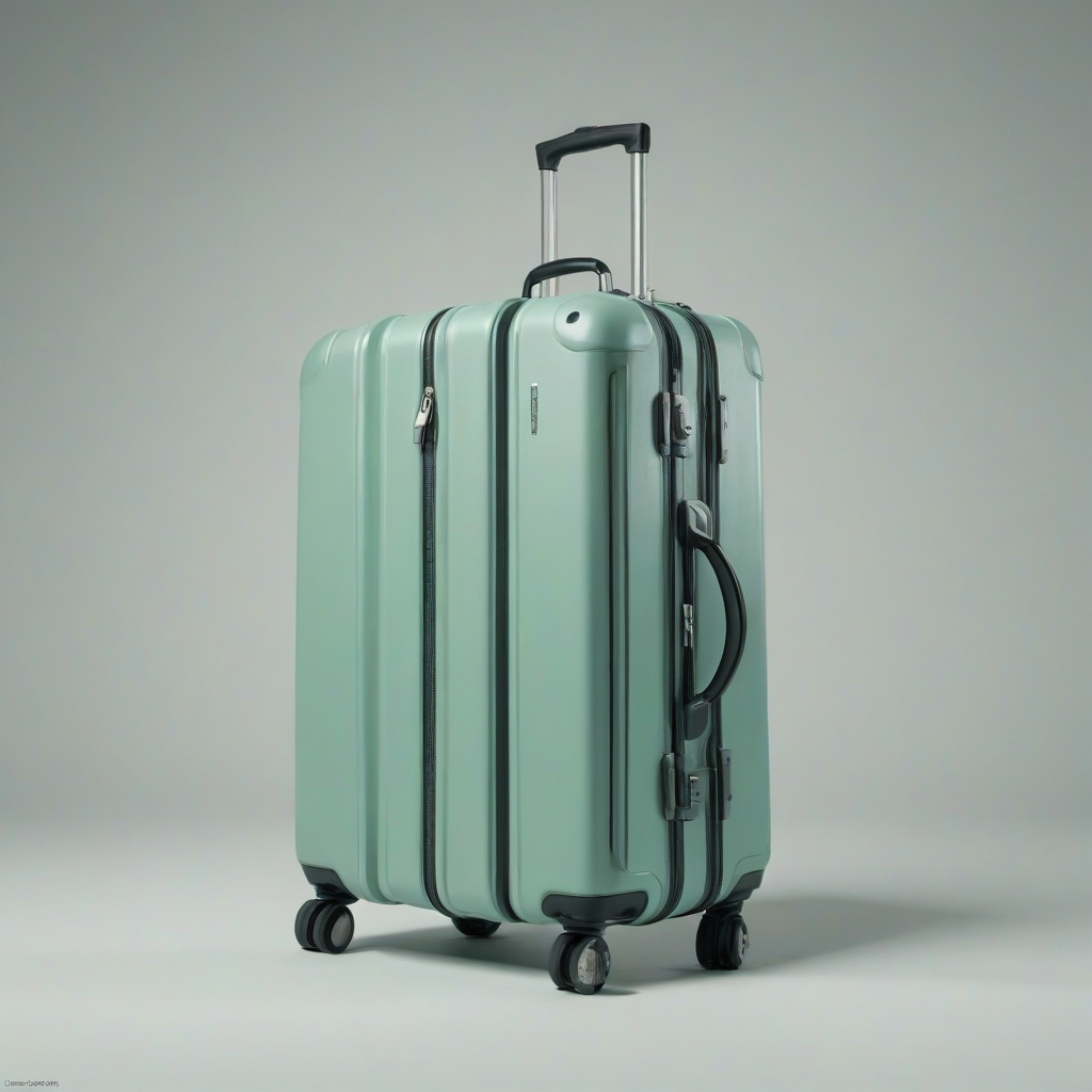 A hardsided suitcase in seafoam green color, with a full-body view, on a plain white background, in a wide shot, with the suitcase's wheels and handle visible, and a subtle sheen to the surface, in a digital art style with clean lines and minimal shading, on a plain white background, even lighting 