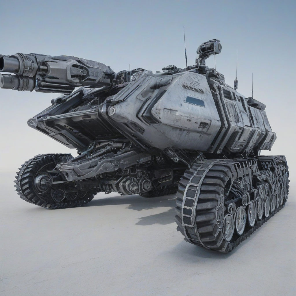 A futuristic M.A.V. (Modular Assault Vehicle)  metallic body and large weapons in a wide shot with the entire vehicle visible, on a plain white background, with a subtle gradient of blue and grey tones to represent a clear sky, photorealistic style, high level of detail, intricate textures, and realistic lighting with a slight sheen to the metal
