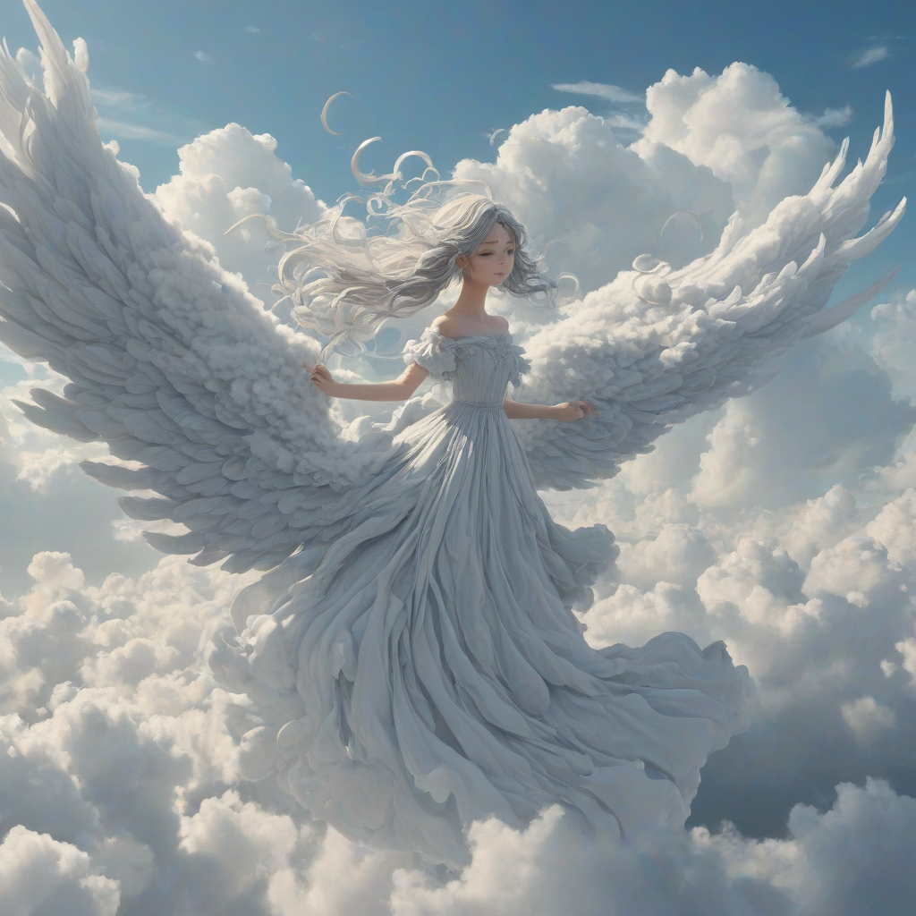 surrealist anime scene of a woman composed of fluffy clouds with flowing white and light gray cloud tendrils for hair, a white cloud body, and soft puffy cloud features. She has giant fluffy cloud angel wings, 7 times her height, and is flying through the clouds with a serene expression, wearing a long and thick, layered cloud dress that flows behind her.