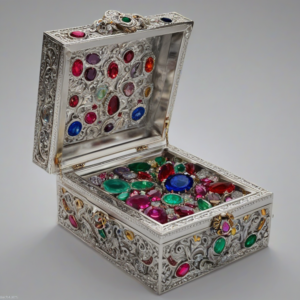 A beautiful, intricately designed silver jewelry box, with the lid opened, revealing a treasure trove of vibrant, colorful jewels inside, including rubies, emeralds, sapphires, and diamonds, all set against a plain white background, in a wide shot with the entire box visible, and the jewels sparkling with a soft, warm light, in a digital art style with precise details and textures, full-body view of the box, on a plain white background, even lighting 