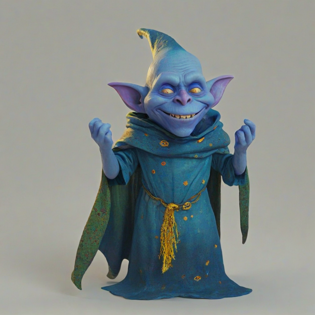 3d animated blue goblin, wearing a mystical cape, vivid colors, bright lighting, mystical appearance, with a happy expression on its face, on a plain white background, even lighting