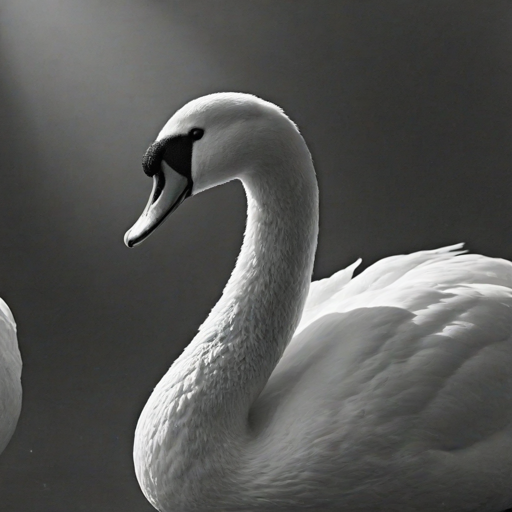 Black and white photograph of a swan, black background, dramatic camera angle, dramatic lighting, slight dust in the air