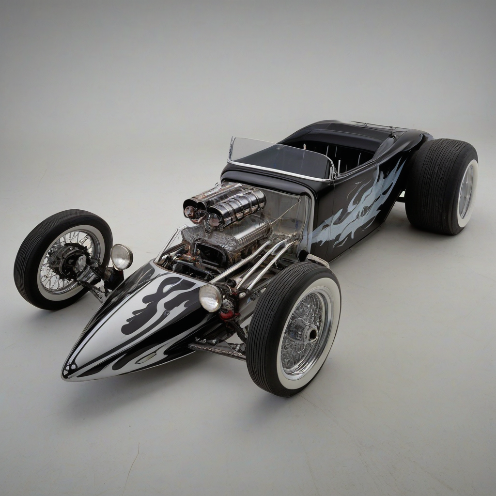 A full-body view of the Munster Koach, a dragster-style hot rod with a black and silver body, flame decals, a distinctive bat-wing rear fin, and exhaust pipes coming out of the back, parked on a plain white background, with a wide-angle shot and soft, natural lighting, in the style of a classic television show car, with intricate details and textures.