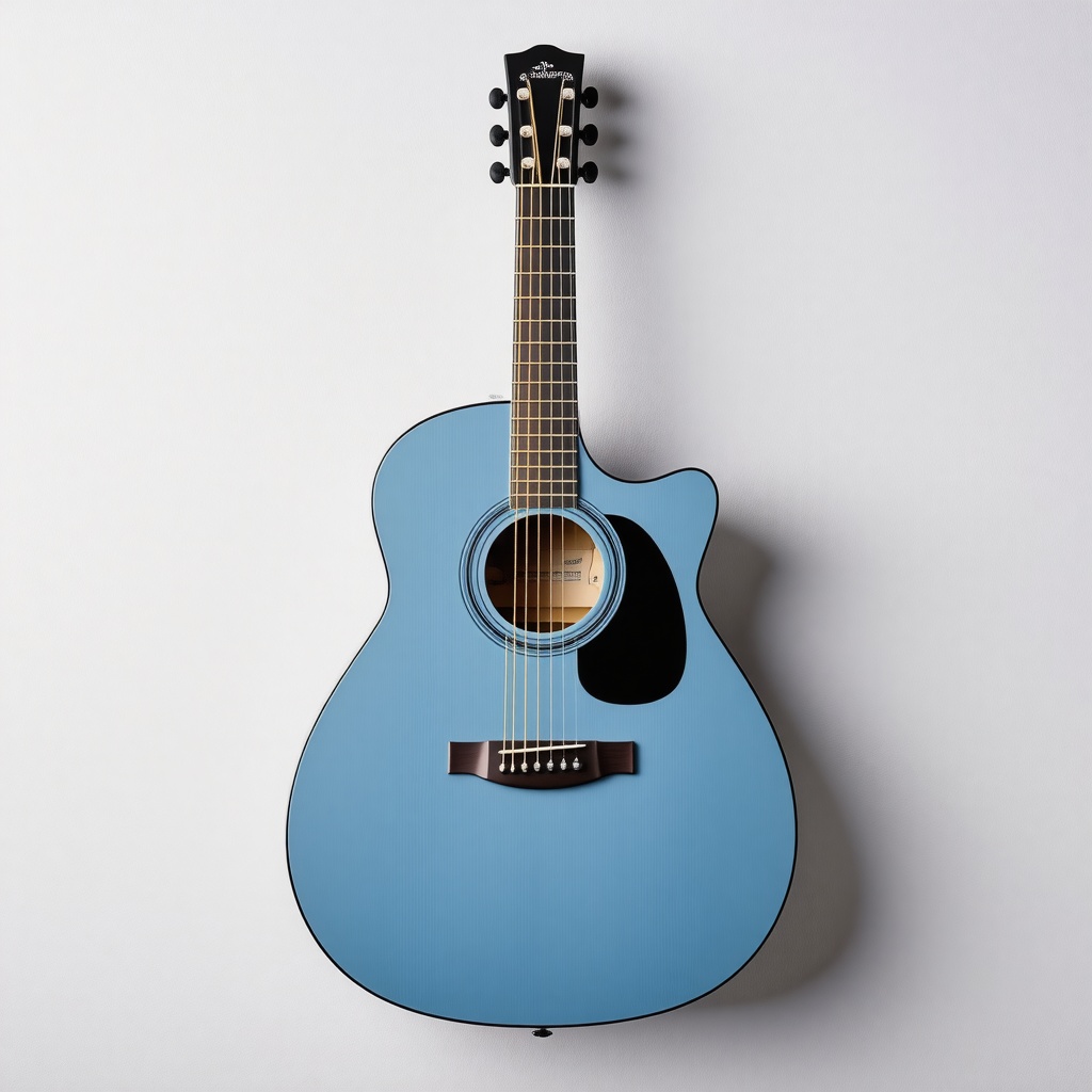A photorealistic, sky blue, acoustic guitar, in a wide shot, with the entire instrument visible, including the headstock, body, and strings, on a plain white background, with soft, natural lighting, and subtle shadows to accentuate the curves of the instrument