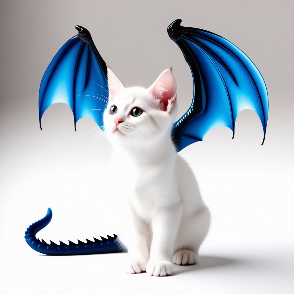white kitten with big blue dragon wings on it's back, and the wings are open