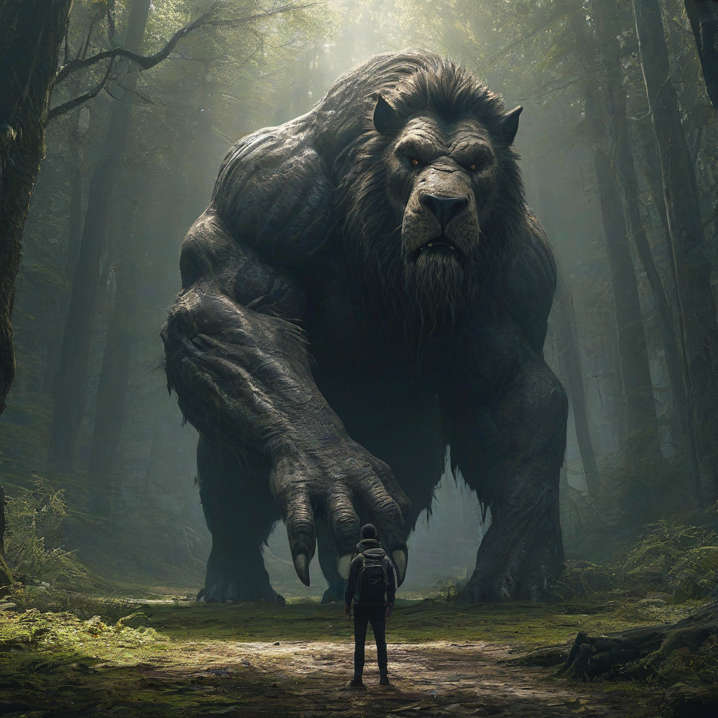 Digital art environmental scene with person and huge beast staring down