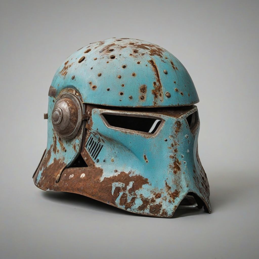 worn, rusted kleos helmet, on a plain white background, even lighting