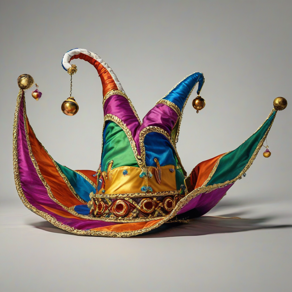 A colorful court jester's hat with three long, curved, and dangling sleeves, made of vibrant silk, on a plain white background, in a wide shot, with the hat's entirety visible, including the sleeves, in a detailed, realistic, and highly textured digital art style, with dynamic lighting and shadows