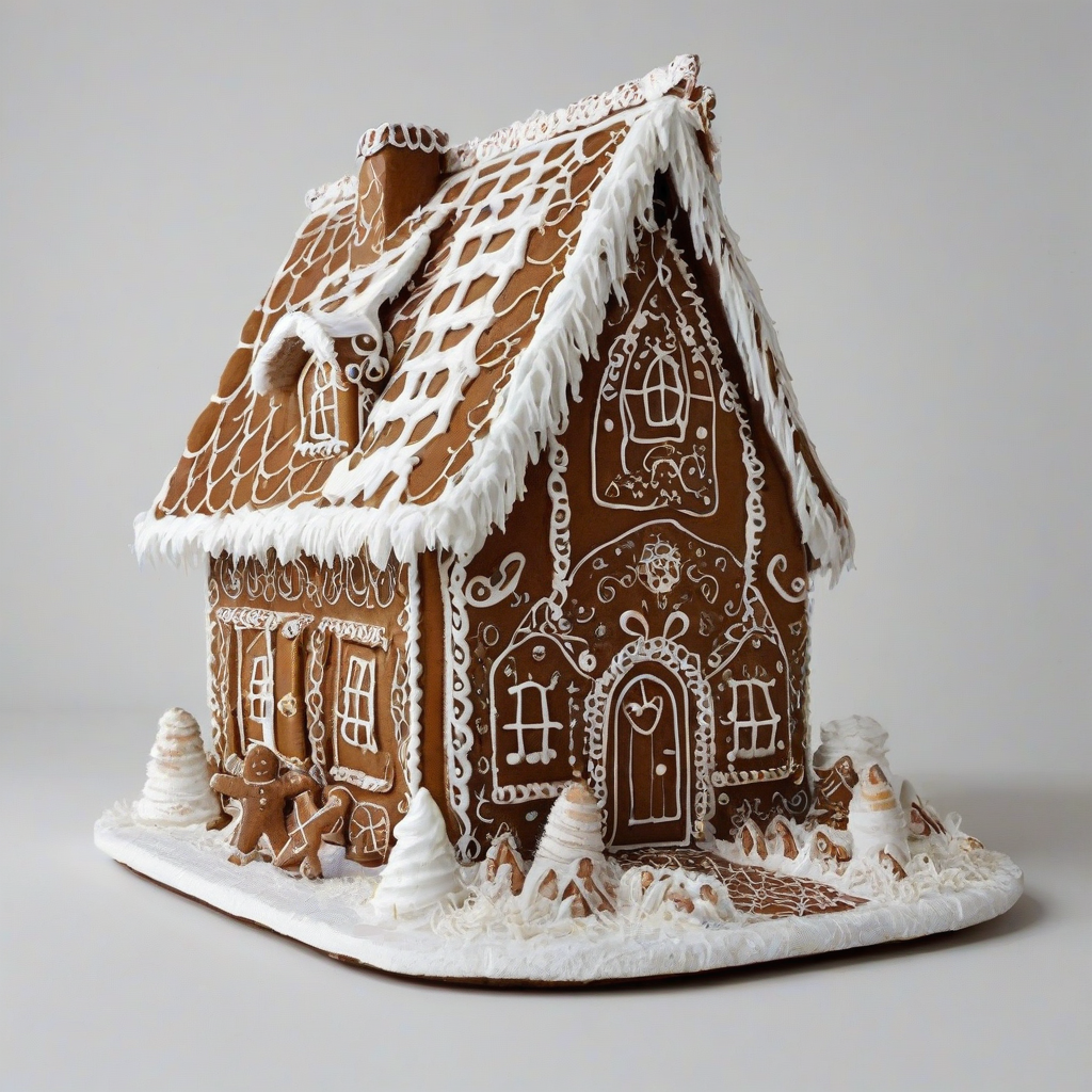 gnome gingerbread house, with house made of brown gingerbread, with intricate details made from white icing, bright lighting, on a plain white background, even lighting