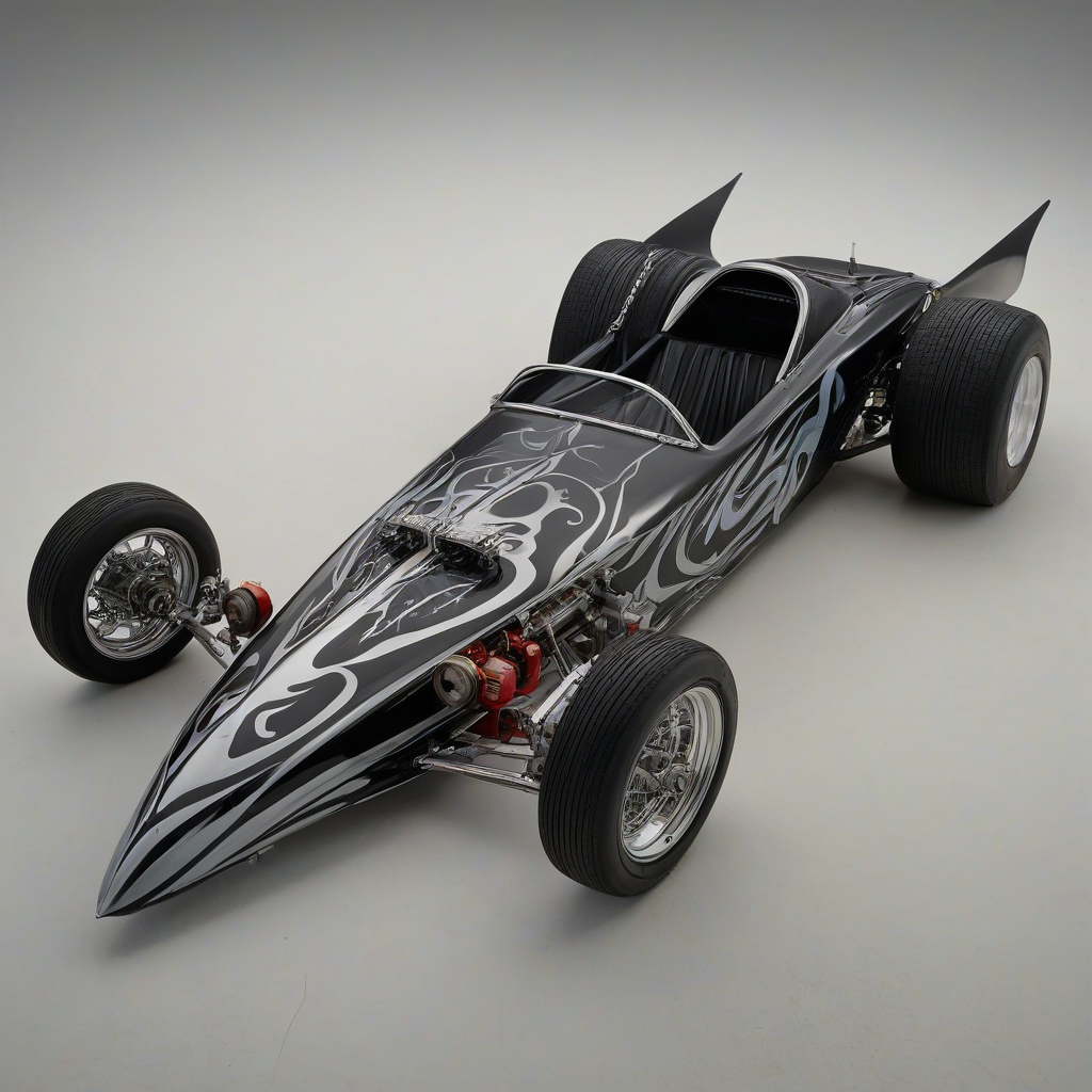 A full-body view of the Munster Koach, a dragster-style hot rod with a black and silver body, flame decals, and a distinctive bat-wing rear fin, parked on a plain white background, with a wide-angle shot and soft, natural lighting, in the style of a classic television show car, with intricate details and textures, on a plain white background, even lighting 