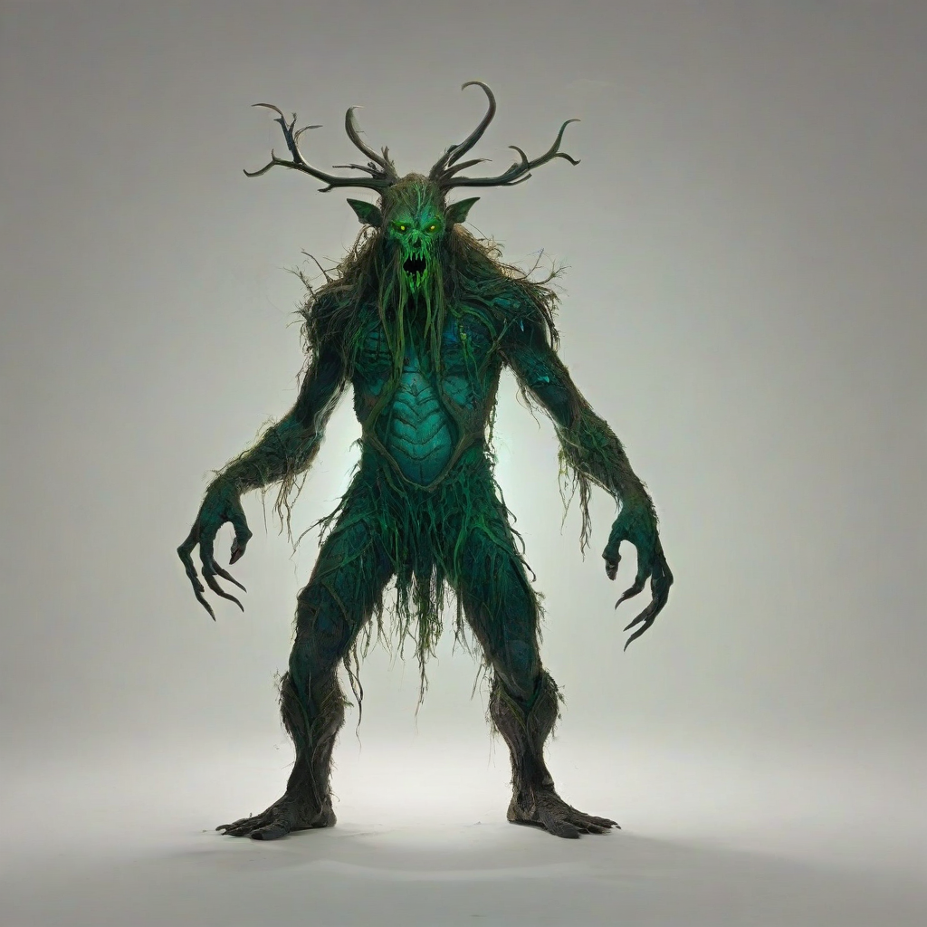 D & D style a terrifying, horror fantasy Leshy, set against a plain white background, in a wide shot with its full body visible, including its feet, with bold lines, and vibrant, with bright lighting,,, on a plain white background, even lighting