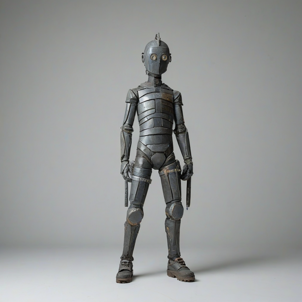 Slate person, industrial style, full-body view, on a plain white background, on a plain white background, even lighting 