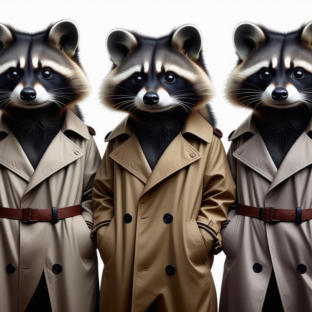 Three raccoons in a trenchcoat