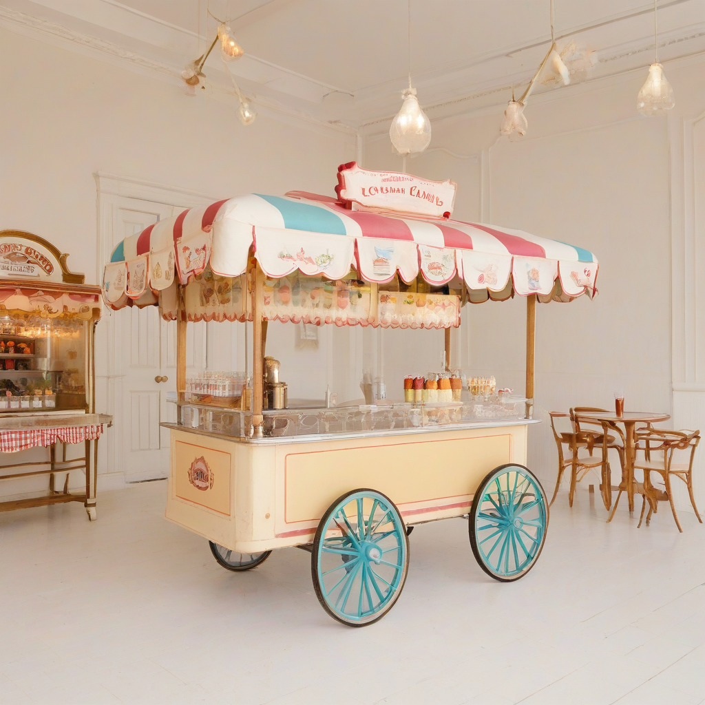 A vintage, old-timey ice cream parlor with a full-body view of a colorful ice cream cart, featuring various flavors and toppings, set against a plain white background, with a warm and inviting atmosphere, reminiscent of the early 20th century, in the style of a nostalgic illustration, with soft lighting and gentle shadows, and a wide-angle shot to capture the entire scene, including the cart's intricate details and the surrounding decor, with a focus on pastel colors and ornate details