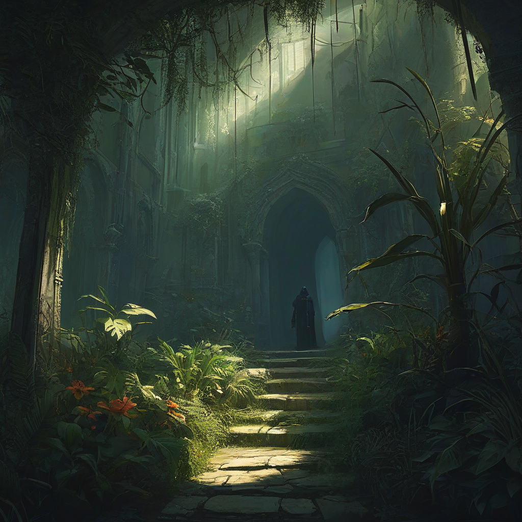 Marc Simonetti style scene with various plants and ominous figure in shadows