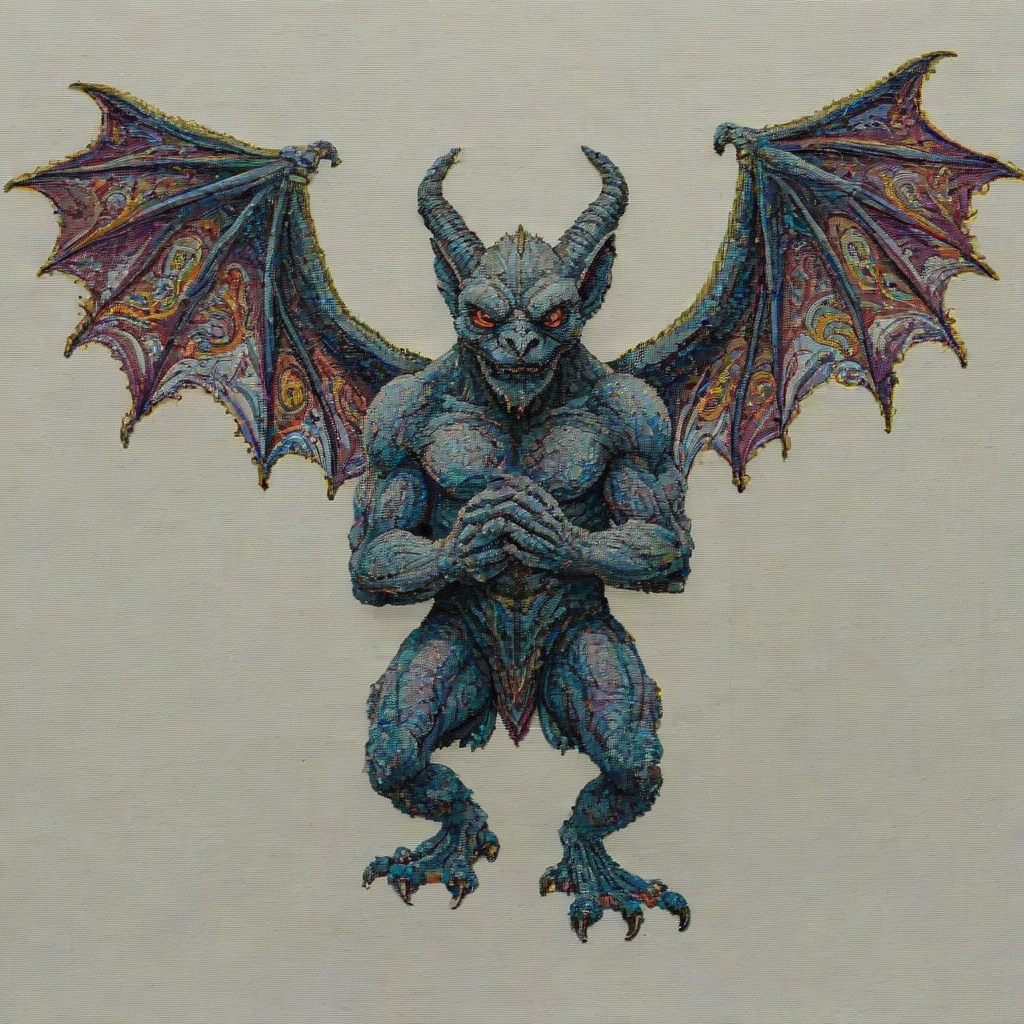 A full-body view of a fantasy gargoyle, in the style of cross-stitch embroidery, with vibrant colors and intricate details, set against a plain white background, with a wide shot and dynamic lighting, and a mix of satin and full stitches, on a plain white background, even lighting