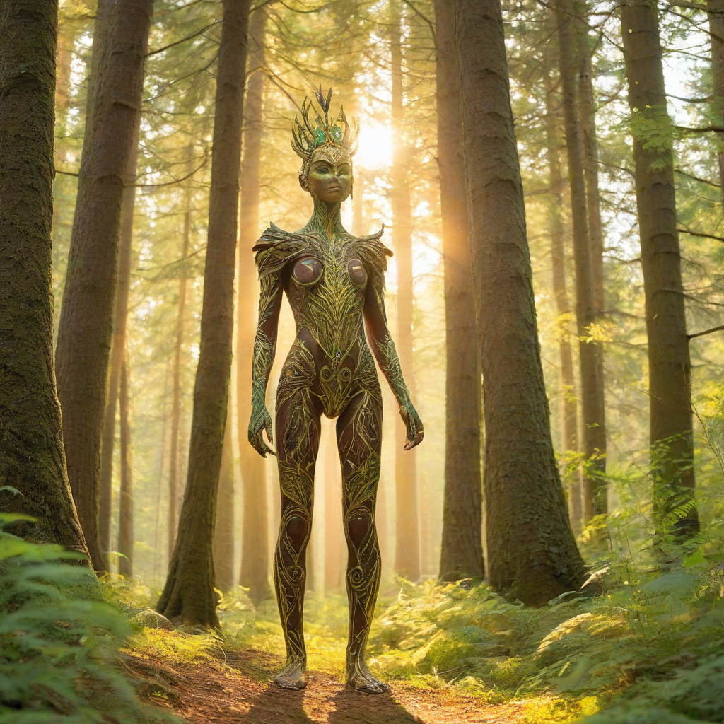 A hand-painted, vibrant, humanoid figure with intricate details, standing in a beautiful, serene forest with tall trees, lush green foliage, and a warm, golden light, full-body view, wide shot, feet visible, on a plain white background, in the style of a fantasy illustration