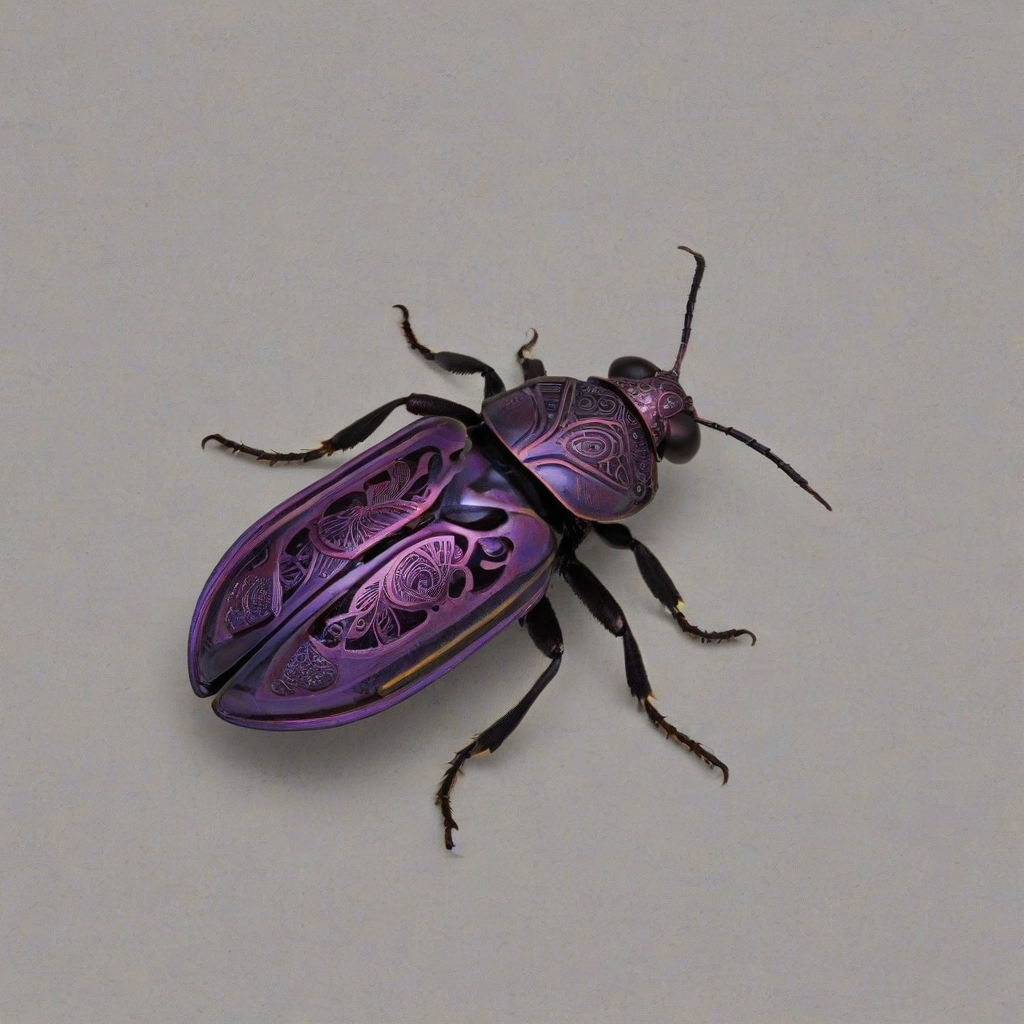 A full-body view of a plum-colored insect, specifically a beetle, with a Gothic-inspired exoskeleton, featuring intricate patterns and details, on a plain white background, with soft, natural lighting and a wide-angle shot, in a digital art style with bold lines and vibrant colors, on a plain white background, even lighting