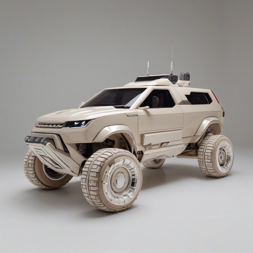 A beige cyberpunk rover, full-body view, with metallic accents and neon lights, set against a plain white background, in a wide shot, with visible wheels and a futuristic design