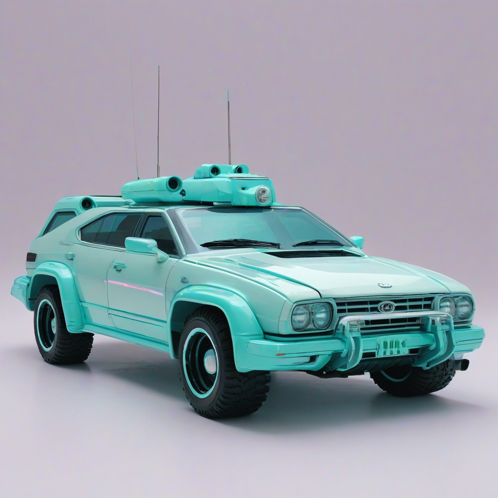 A futuristic turquoise rover in a wide shot, with a full-body view, on a plain white background, with a vaporwave aesthetic, featuring pastel colors and a dreamy atmosphere, with neon lights and a sense of nostalgia, in a high-definition digital art style, with precise details and textures, and a subtle gradient effect, on a plain white background, even lighting