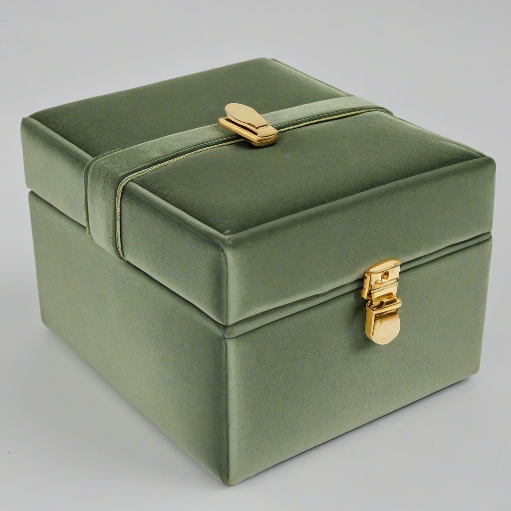 olive green velvet box with gold clasp, on a plain white background, even lighting