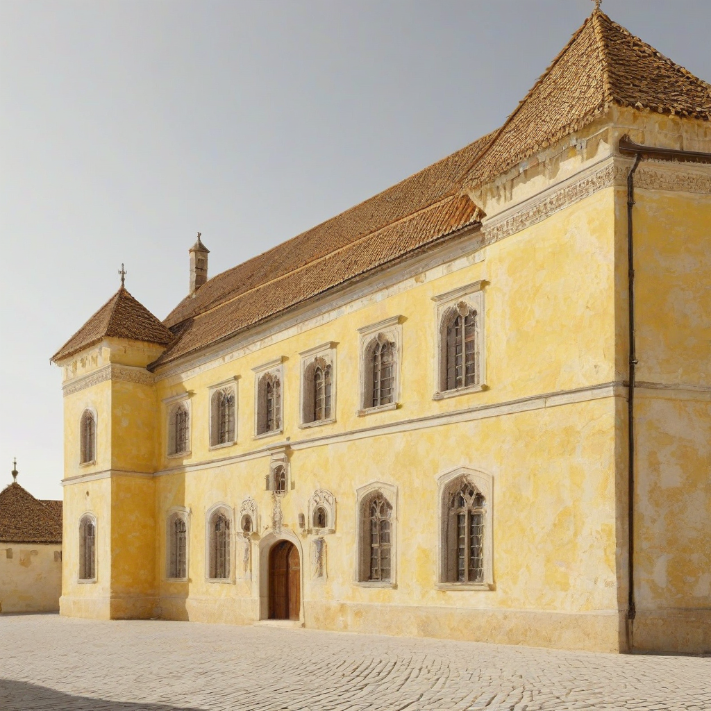 A medieval building, with a mustard yellow stone exterior, set against a plain white background, in a wide shot with the entire building visible, with a bright and sunny sky, and a sense of grandeur, in the style of a digital illustration, with bold lines and vibrant colors, and with a sense of depth and texture, on a plain white background, even lighting 