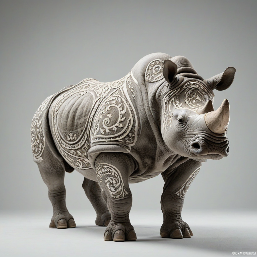 Rhino with a baroque design on it, full body visible, wide angle shot, on a plain white background, even lighting