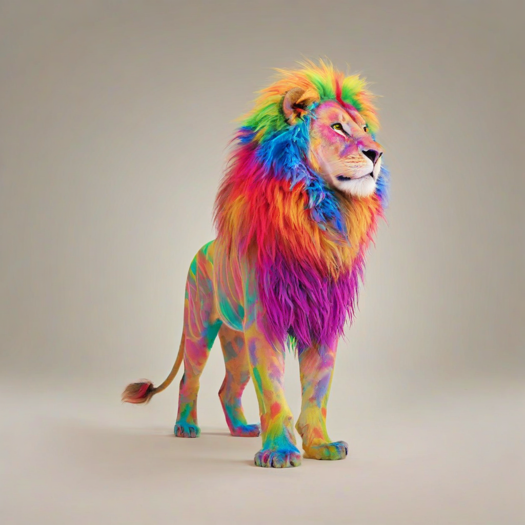 A rainbow lion with a shaggy mane and vibrant, multicolored fur, full-body view, standing on a plain white background, with a wide-angle shot and soft, natural lighting, in a digital art style with bold lines and bright colors