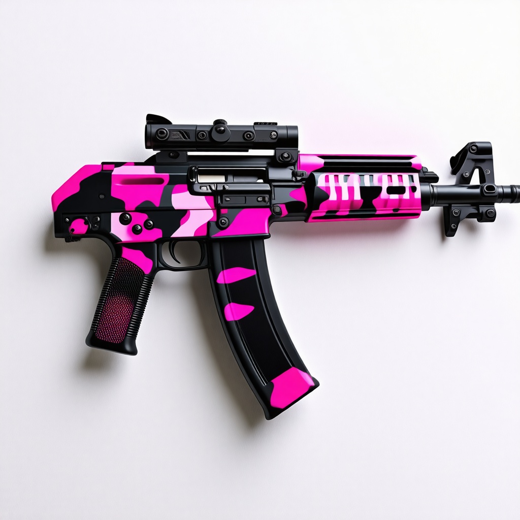 A bright pink and black camo AK 47