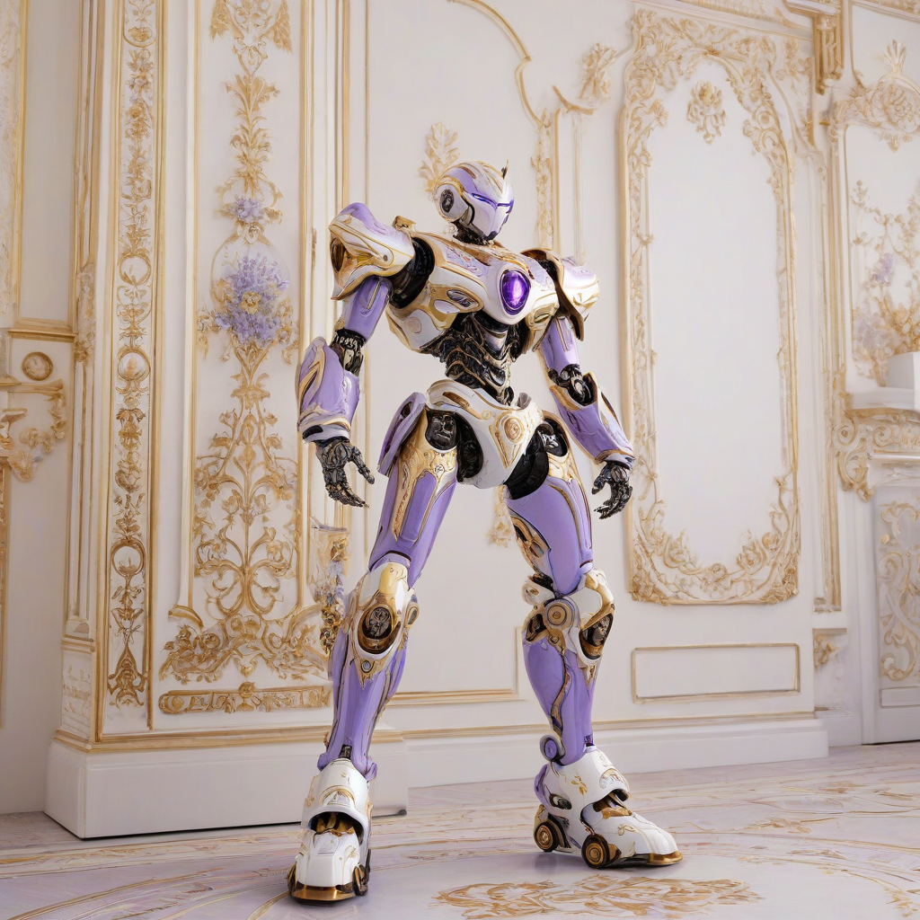 A highly detailed, full-body view, wide shot, of a robot with a predominantly lavender and gold color scheme, adorned with intricate Rococo patterns and ornate details, set against a plain white background, with soft, warm lighting and dynamic shadows, in a digital art style, with a sense of luxury and elegance