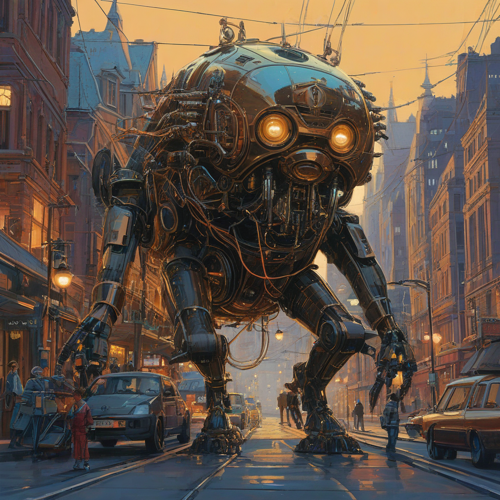 Retro futurism art of a large steampunk creature with exposed copper wiring and brass fixtures attached to its body, with wires swinging downwards as small steampunk vehicles drive underneath its legs, inspired by Syd Mead, in a city with visible metal shine and ornate gears, with gas lamps and old-fashioned streetlights illuminating the scene, in the style of Syd Mead, Syd Mead-inspired, or Syd Mead style
