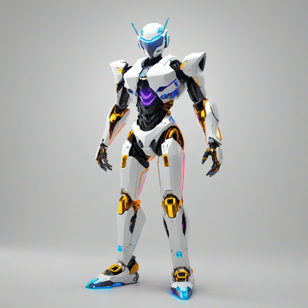 Low poly art of a futuristic robot, full-body view, plain white background, digital illustration style, bright colors, dynamic shadows, wide-angle shot, with a metallic sheen and neon lights