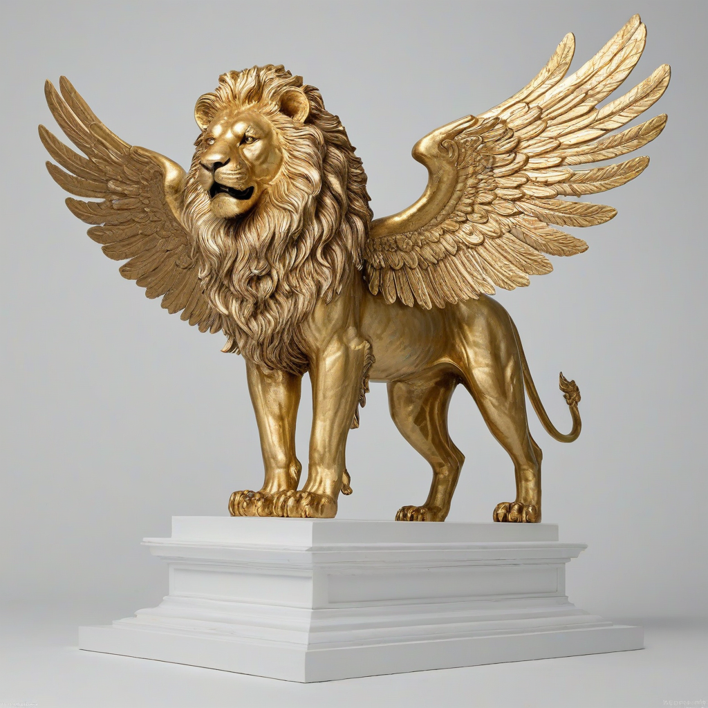 A statue of a golden lion with wings wide open, full-body view, with all four legs standing on a pedestal, with intricate details on the wings and fur, set against a plain white background, with a slight shine to the gold, and a sense of grandeur, feet visible, on a plain white background, even lighting