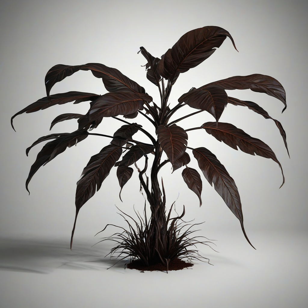 A dark, gothic-style, full-body view of a rare, exotic plant with large, chocolate-brown leaves and stems, set against a plain white background, with dramatic, dynamic shadows and a sense of mysterious, eerie atmosphere, in the style of a digital illustration with intricate details and textures, with a wide-angle shot that captures the entire plant from its roots to its leaves, on a plain white background, even lighting