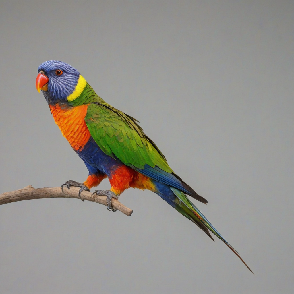 A rainbow lorikeet in a full-body view, perched on a branch, with vibrant plumage, a blue head, green wings, and a orange beak, top part of the body is orangeish yellowish, and the bottom half of the body is blue, set against a plain white background, in a wide-angle shot, with soft, natural lighting and dynamic shadows, in the style of a digital illustration