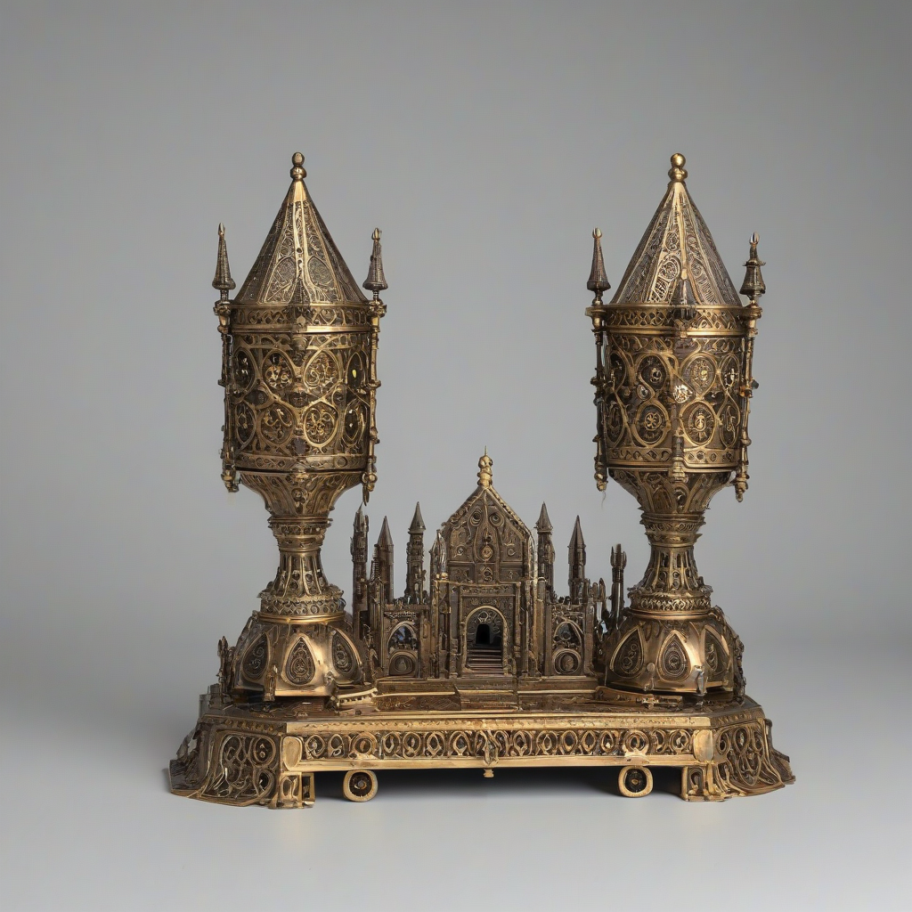 A intricately designed, bronze, Gothic-style gadget, with ornate details and patterns, in a wide shot, full-body view, on a plain white background, with a sense of mysticism and ancient technology, featuring a mix of medieval and industrial elements, with a warm, golden lighting and deep shadows, on a plain white background, even lighting