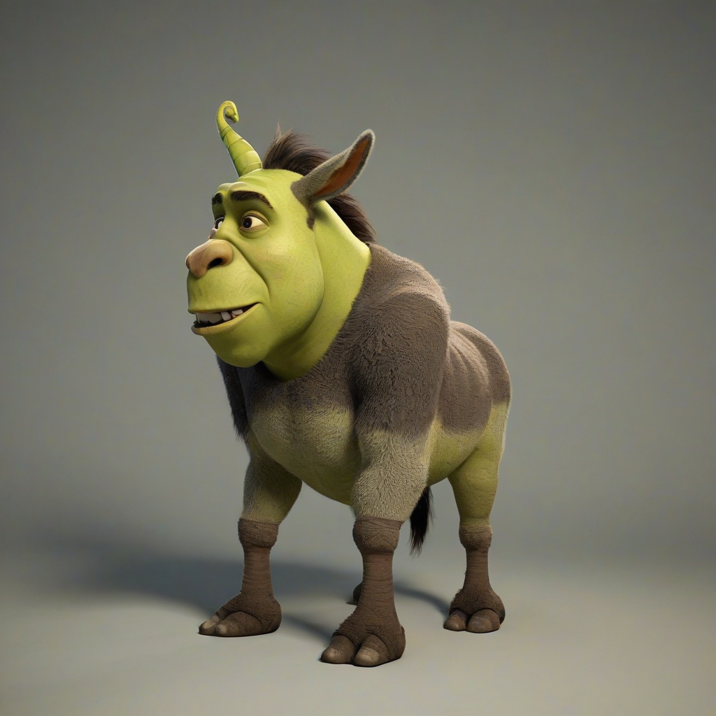 A full-body view of a creature that is a combination of Shrek and Donkey, with the body of an ogre and the head and ears of a donkey, with a wide-angle shot and soft, natural lighting, in a digital art style with vibrant colors and detailed textures, and more pronounced facial features of a donkey, such as a slightly smaller nose and larger ears, on a plain white background, even lighting