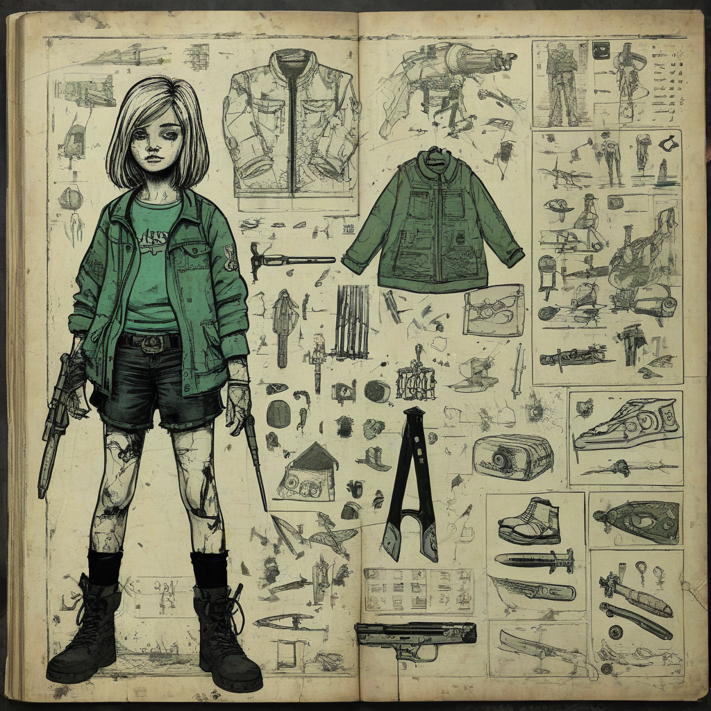 Comic book page with hand-drawn small girl, faded green and black baggy and grungy clothes, intricate grunge patterns details, weapons and side diagrams