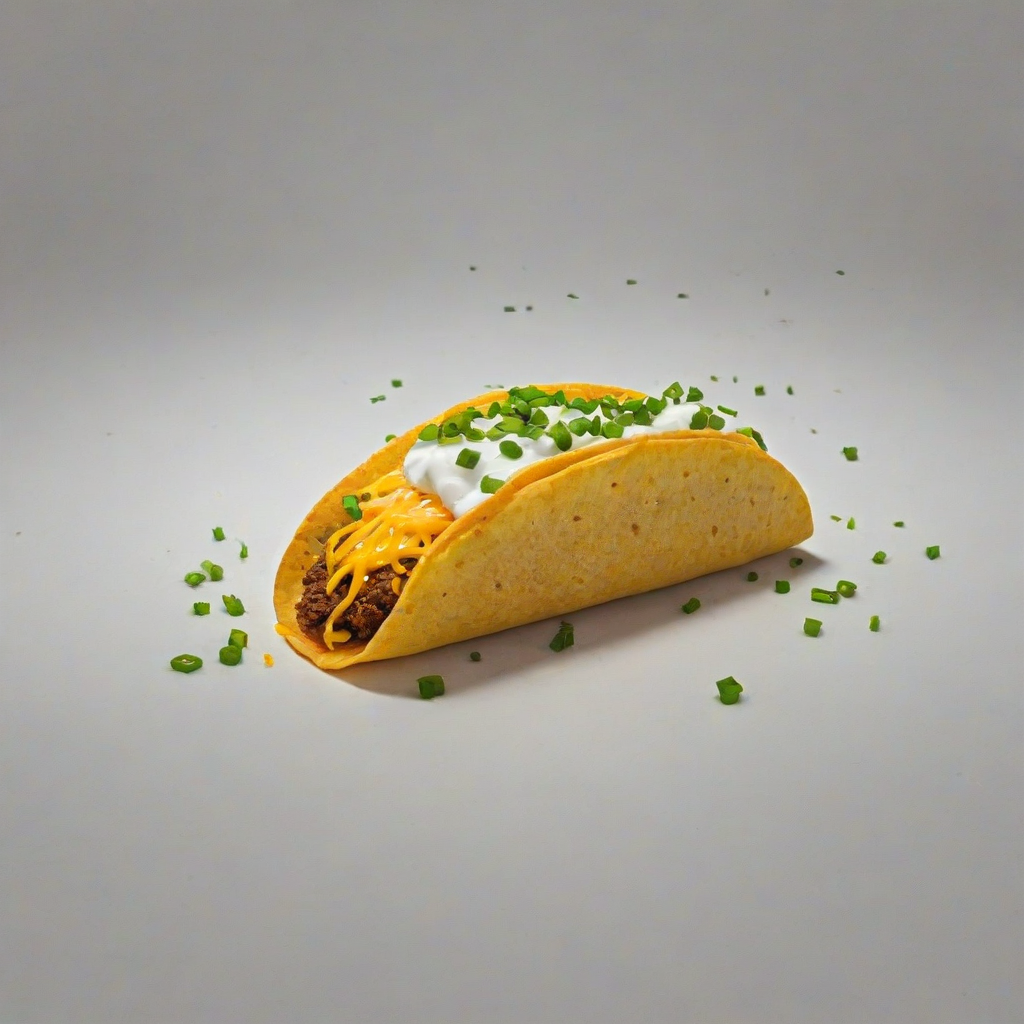 A crispy taco shell filled with seasoned ground beef, topped with a slice of cheddar cheese, a dollop of sour cream, and a sprinkle of green onions,, on a plain white background, even lighting