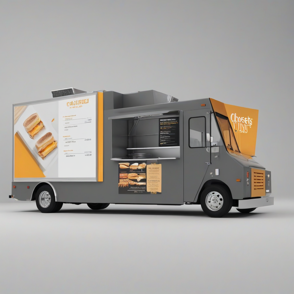 A sleek, modern food truck with a slate grey exterior, serving gourmet grilled cheese sandwiches, in a wide shot with the truck's menu board and surroundings visible, on a plain white background, with a shallow depth of field, and a warm, inviting lighting, in the style of a digital illustration, with bold lines and vibrant colors