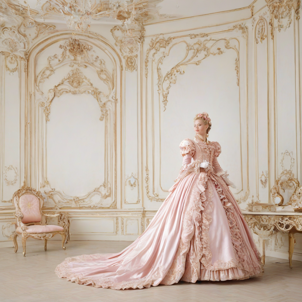 rococo style scenery, wide shot, full-body view, pastel colors, ornate details, plain white background