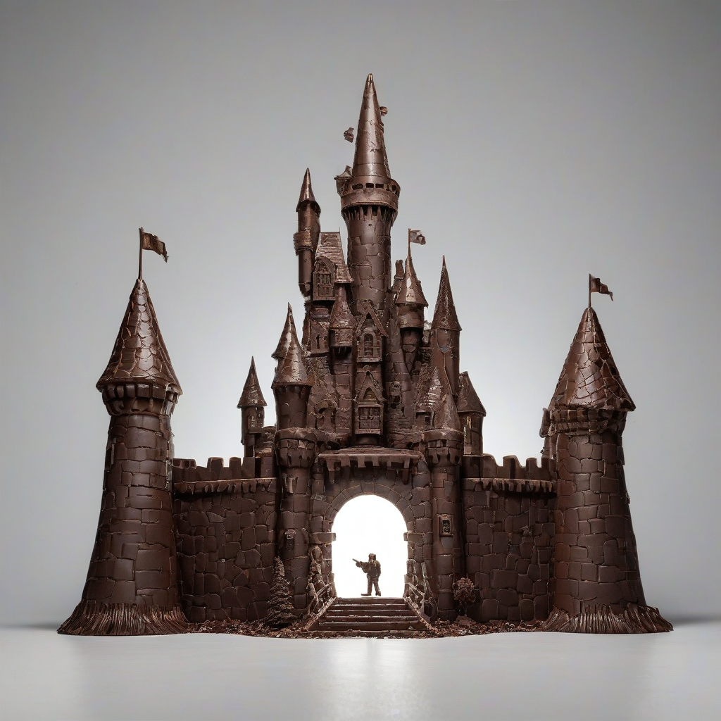 Castle, made entirely of chocolate, wide angle shot, nothing else in shot, bright lighting, on a plain white background, even lighting