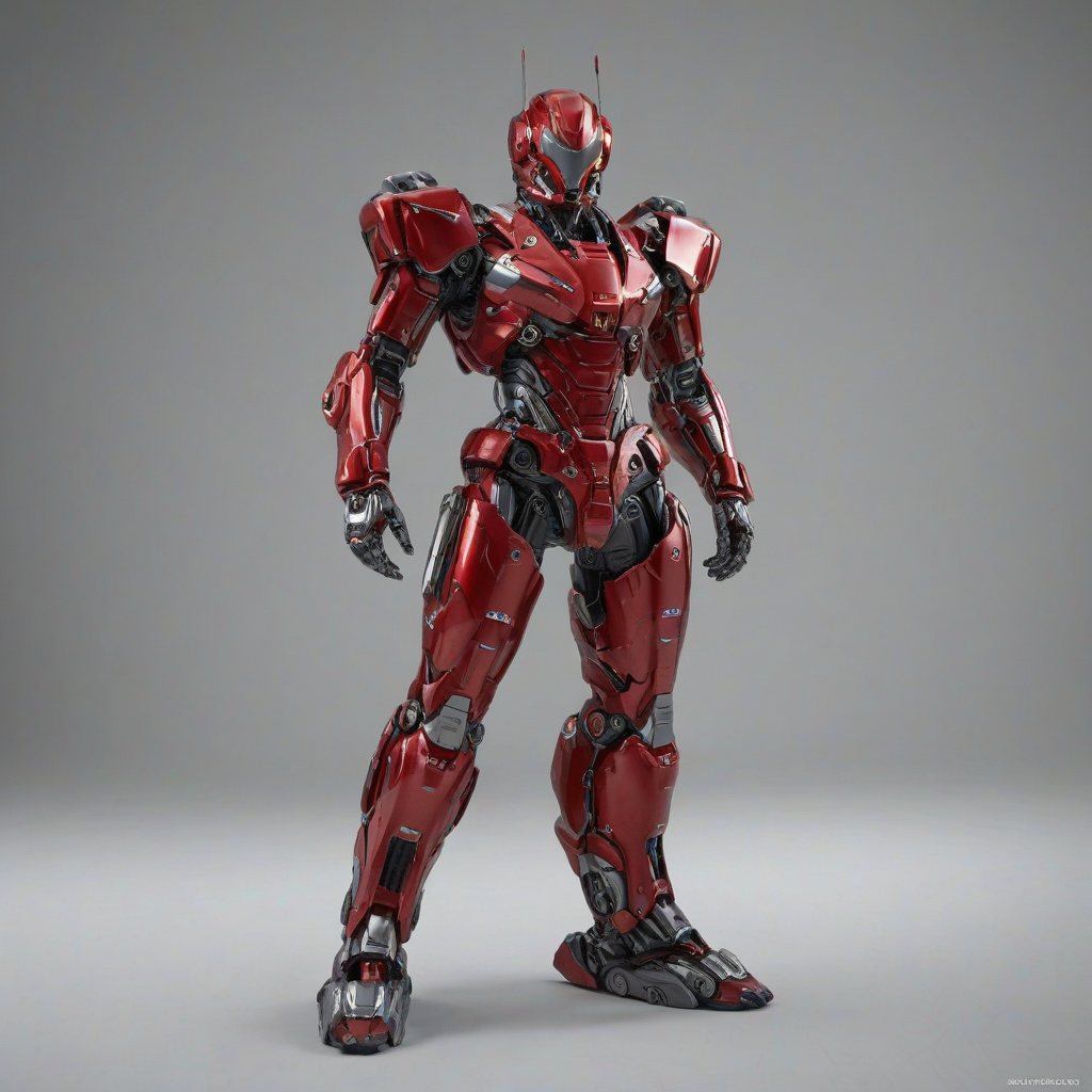 A full-body view of a sleek, red mech suit with a metallic finish, standing on a plain white background, with a wide-angle shot and dynamic shadows, in a digital art style with a focus on intricate details and textures, with the mech suit's armor plating and joints clearly visible, and a sense of depth and dimensionality